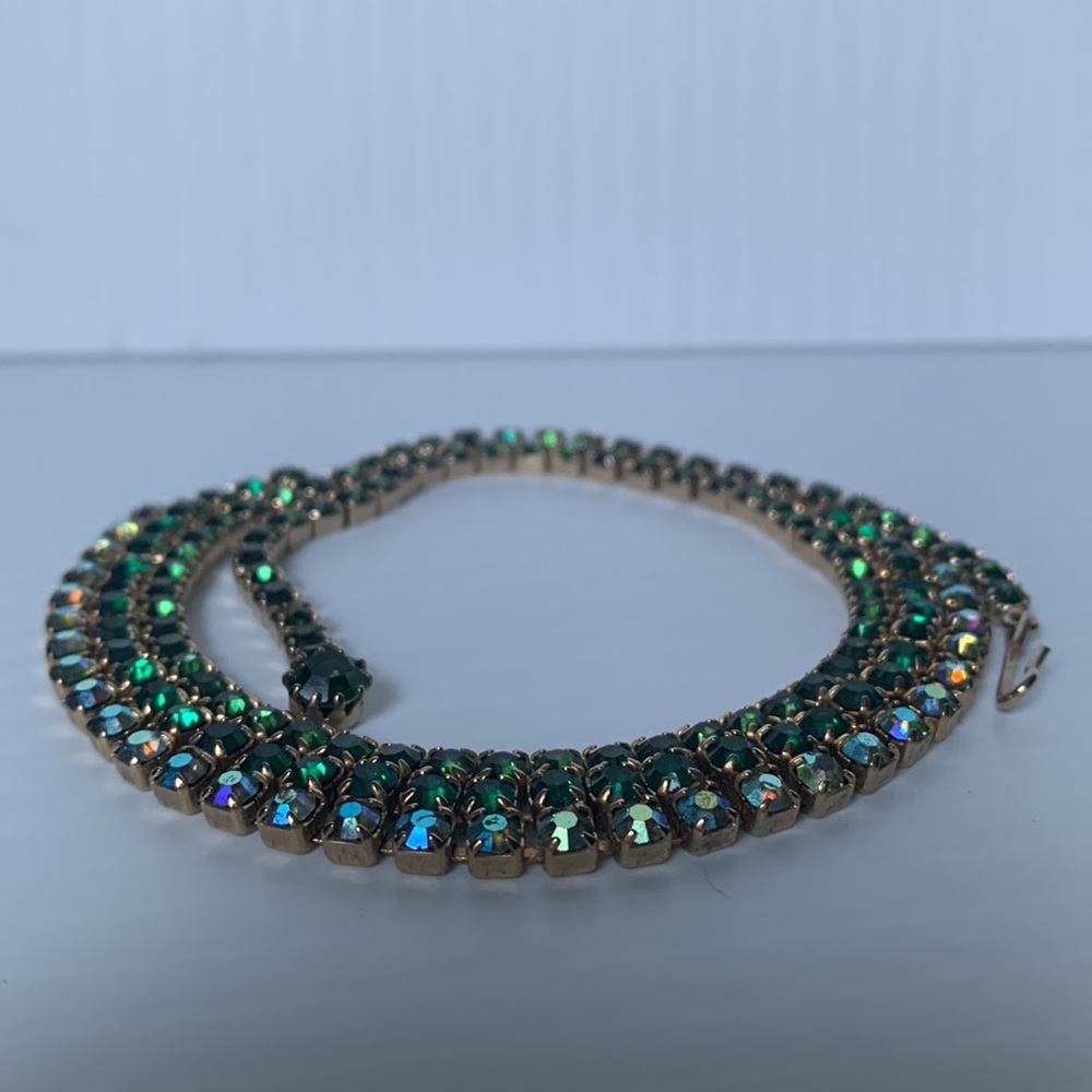 Vintage green choker, 3 rows of stones, bottom row is iridescent, light blue.